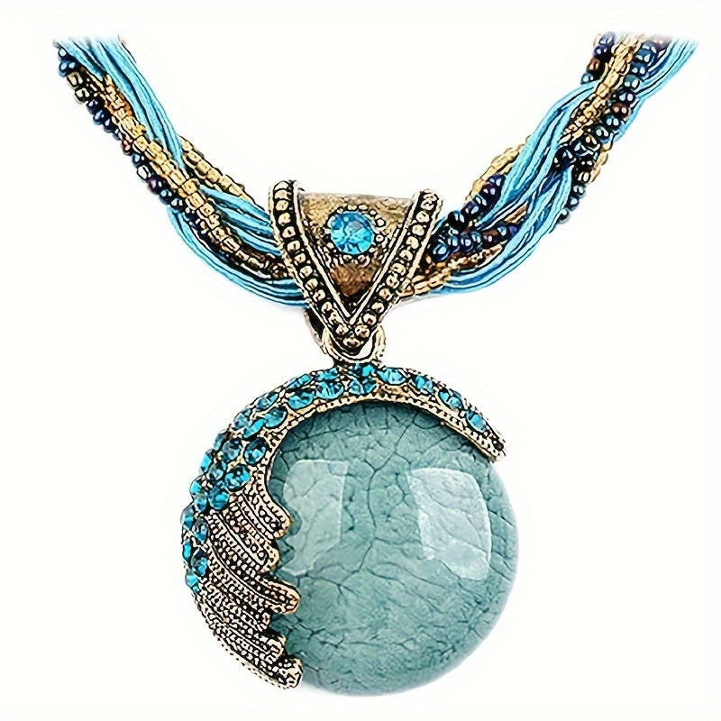 Bohemian Elegance: Turquoise Pendant Necklace with 925 Silver-Plated & Braided Rope Chain Bohemia