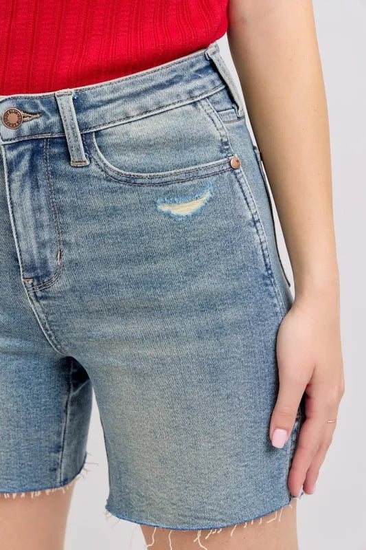 Judy Blue High Waist Vintage Wash Side Slit Denim Shorts MD / L MD / S MD / M MD / L-MD / S-MD / M-MD / 1XL-MD / 2XL-MD / 3XL-