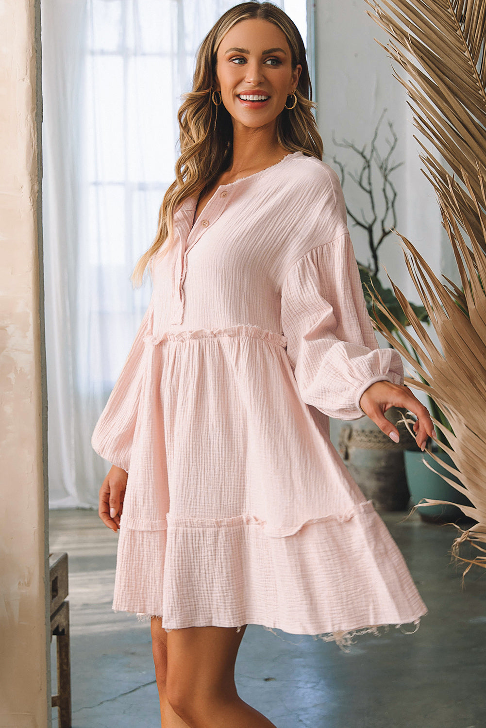 Oatmeal Crinkle Distressed Puff Sleeve Flared Dress Oatmeal / S / 100%Cotton Oatmeal / M / 100%Cotton