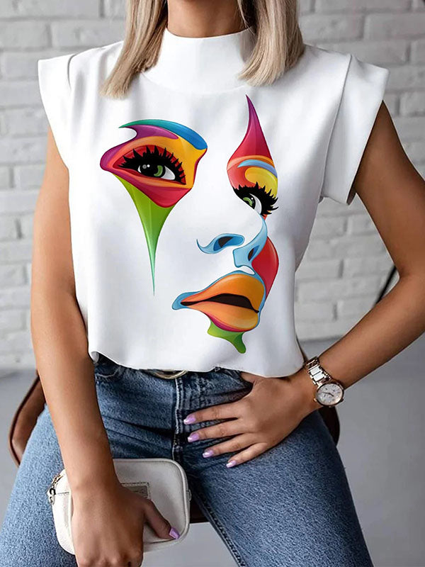 Trendy High Neck Cap Sleeve Tee with Unique Face Print WHITE / S WHITE / M WHITE / L WHITE / S-WHITE / M-WHITE / L-WHITE / XL-BLACK / S-BLACK / M-BLACK / L-BLACK / XL-WHITE / 2XL-BLACK / 2XL-