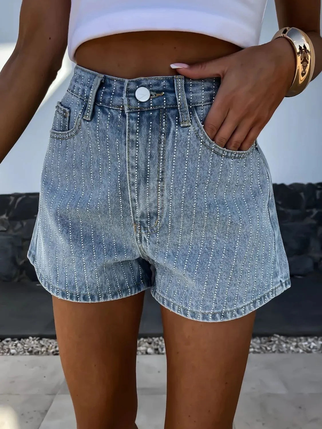 Rhinestone High Rise Denim Shorts Light