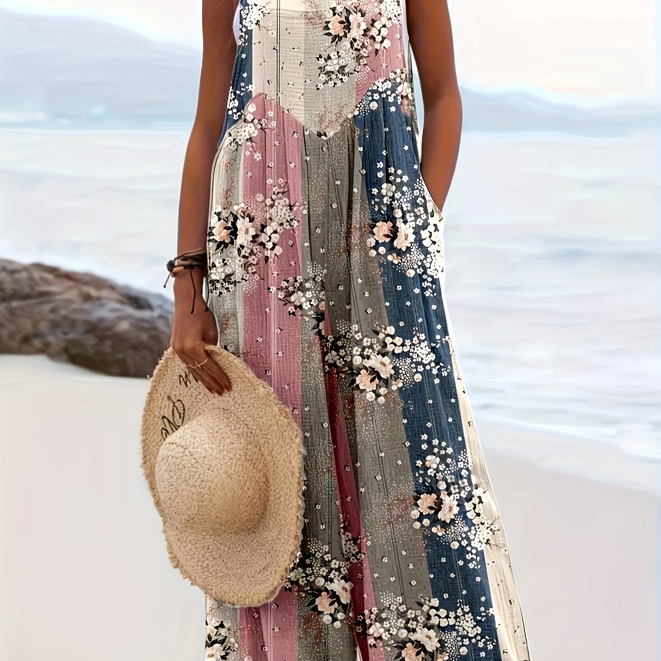 Bonbon Summer Getaway Print Loose Sleeveless Square Collar Pantsuit For Women