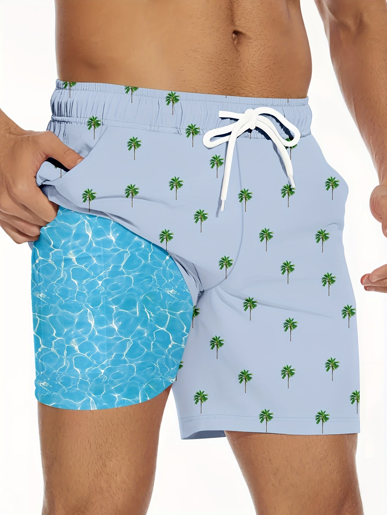Men's Quick-Dry Swim Trunks with Pockets - 2-in-1 Design, Coconut Tree & Camo Print, Drawstring Waist