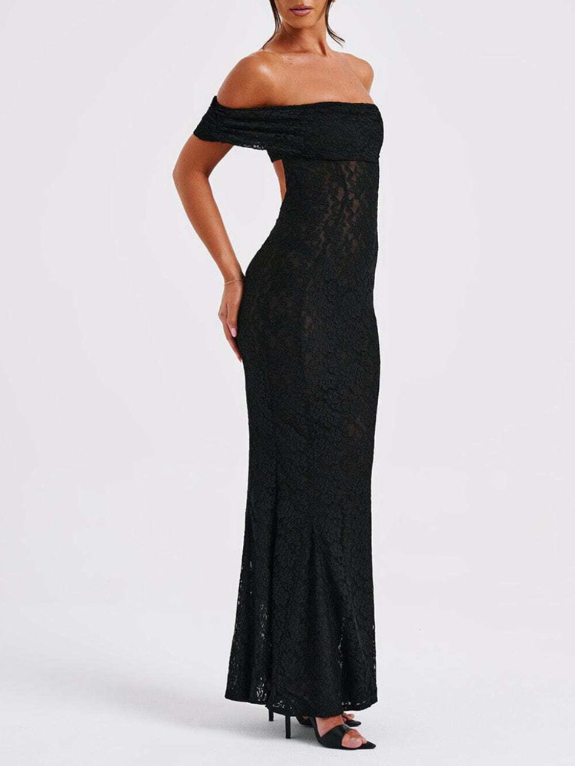 Devine Backless Lace Off-Shoulder Maxi Dress Black / S Black / M Black / L Black / S-Black / M-Black / L-Black / XL-