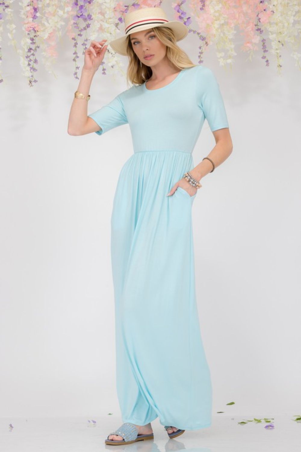 Celeste Full Size Round Neck Short Sleeve Maxi Dress with Pockets Plus Size AZURE / S AZURE / M AZURE / L AZURE / S-AZURE / M-AZURE / L-AZURE / XL-AZURE / 1XL-AZURE / 2XL-AZURE / 3XL-