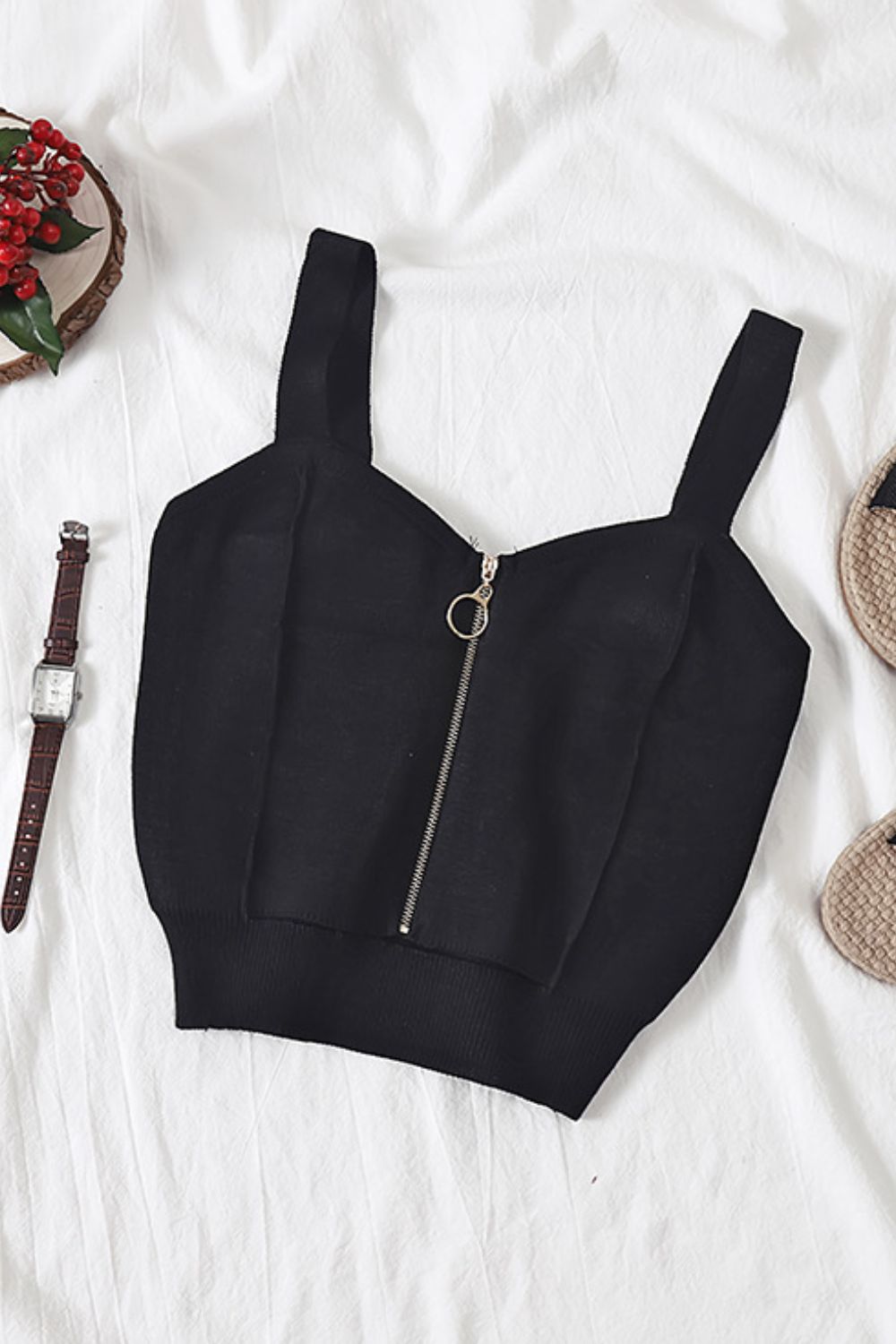 Zip-Up Cutout Sleeveless Knit Top Black / One Size Burgundy / One Size Gold / One Size Black / One Size-Burgundy / One Size-Gold / One Size-Pink Purple / One Size-White / One Size-