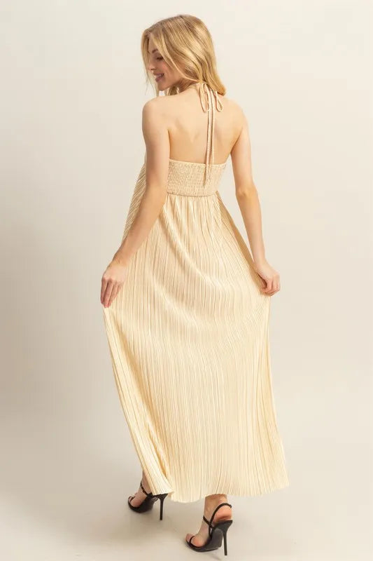 HYFVE Knotted Detail Halter Neck Flowy Maxi Dress Champagne / S Champagne / M Champagne / L Champagne / S-Champagne / M-Champagne / L-