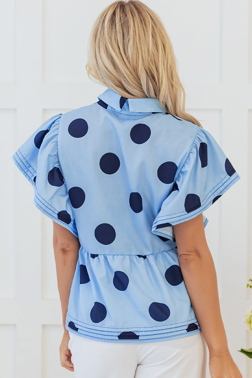 Chic Polka Dot Ruffled Button-Up Blouse with Short Sleeves