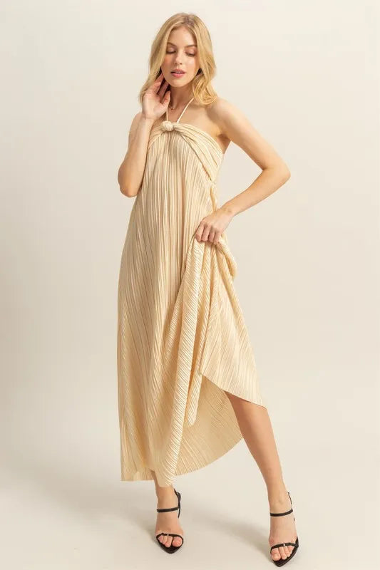 HYFVE Knotted Detail Halter Neck Flowy Maxi Dress Champagne / S Champagne / M Champagne / L Champagne / S-Champagne / M-Champagne / L-