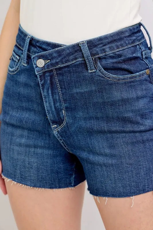 Judy Blue High Waist Criss-Cross Waistband Denim Shorts DK / M DK / S DK / L DK / M-DK / S-DK / L-DK / 1XL-DK / 3XL-DK / 2XL-