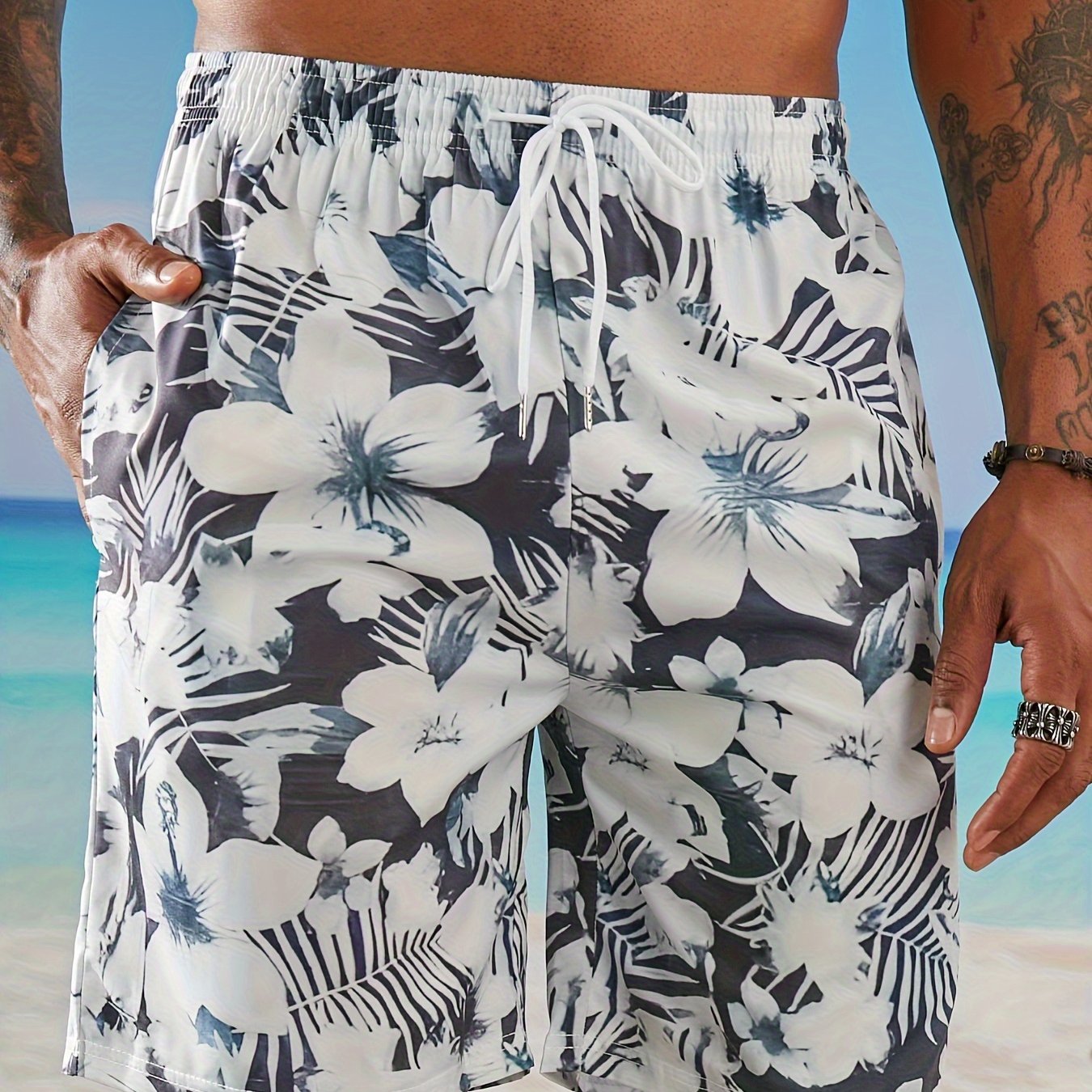 Men's Quick-Dry Hawaiian Swim Trunks with Adjustable Elastic Waist & Anti-Slip Pockets - Lightweight Beach Shorts, 95% Polyester 5% Spandex, Shark Print Design for Surfing, Swimming & Summer Activities, Surfing Essentials, Pl