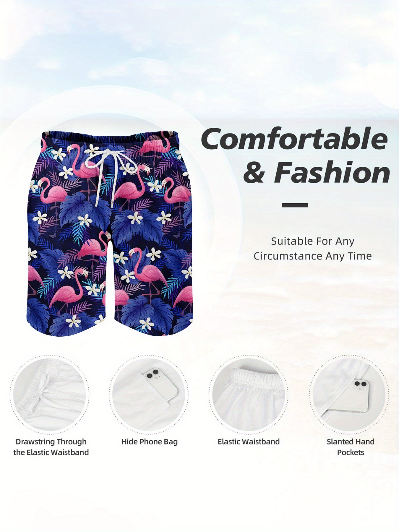 Men'S Tropical Quick-Dry Swim Trunks with Flamingo & Palm Tree Print, Dark Blue Drawstring Beach Shorts with Compression Stretch & Pockets - Casual Sporty Style for Summer, Summer Swimwear | Tropical Print Shorts | Drawstring