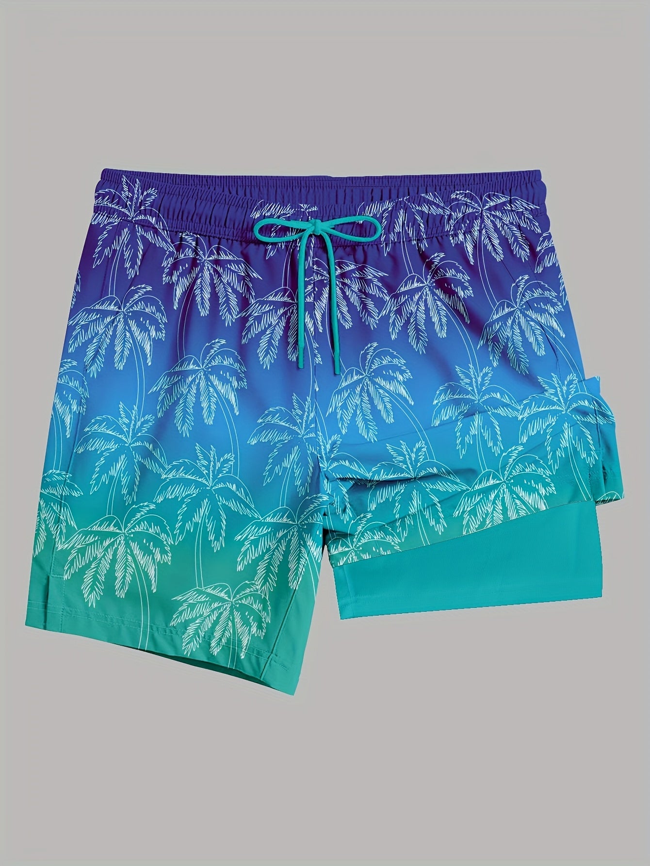 Lightweight Quick-Dry Men's Swim Trunks | Tropical Coconut Tree Ombre Design, Compression Liner, Drawstring Waist, Side Pockets, Vibrant Blue to Purple