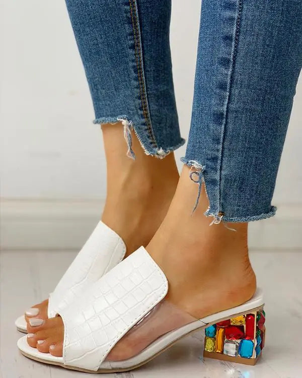 Chic Croc-Embossed Rhinestone Chunky Heels – Elevate Your Style! white / US6 white / US7