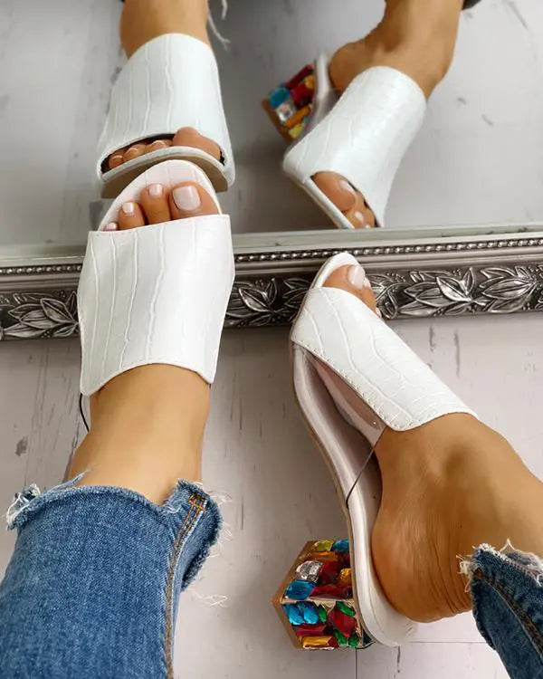 Chic Croc-Embossed Rhinestone Chunky Heels – Elevate Your Style! white / US6 white / US7