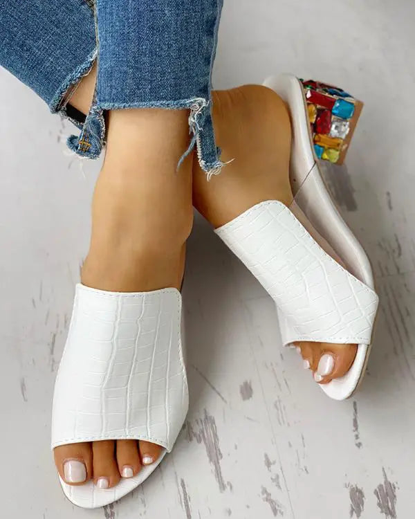 Chic Croc-Embossed Rhinestone Chunky Heels – Elevate Your Style! white / US6 white / US7