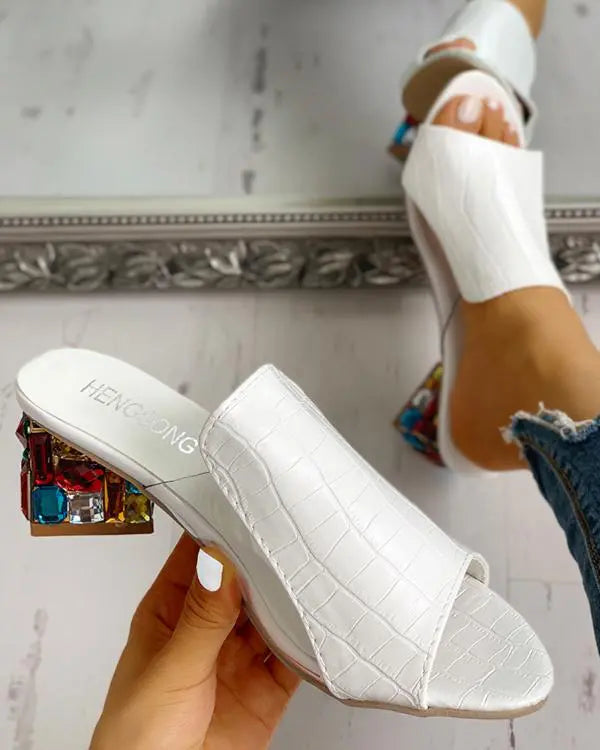 Chic Croc-Embossed Rhinestone Chunky Heels – Elevate Your Style! white / US6 white / US7