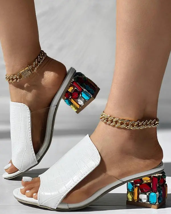 Chic Croc-Embossed Rhinestone Chunky Heels – Elevate Your Style! white / US6 white / US7