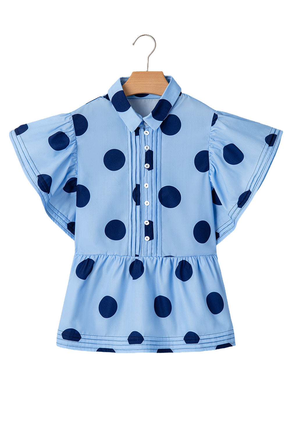 Chic Polka Dot Ruffled Button-Up Blouse with Short Sleeves