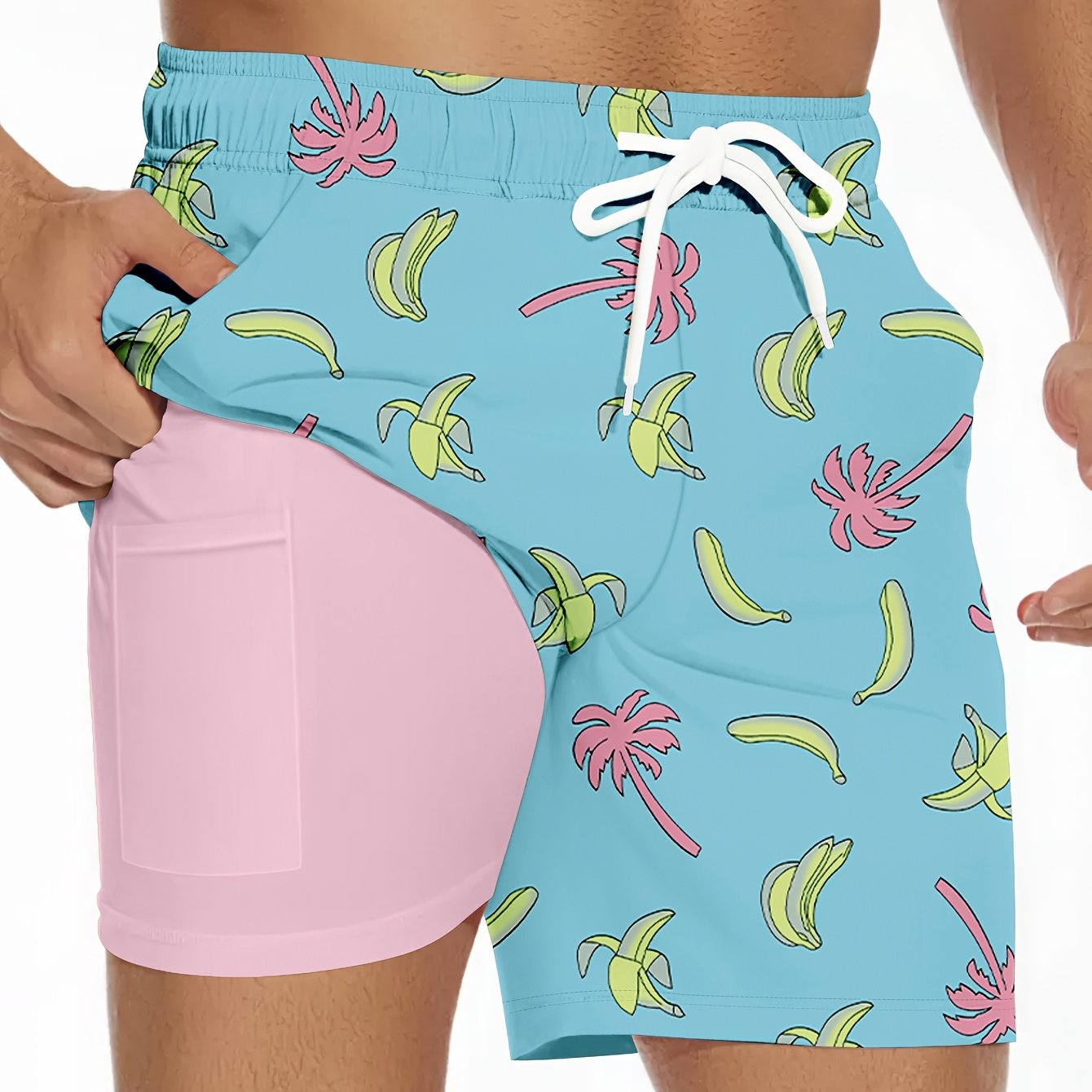 Men'S Summer Double-Layer Anti-Glare Beach Shorts, Casual Non-Stretch Fabric, Regular Fit with Flamingo Print