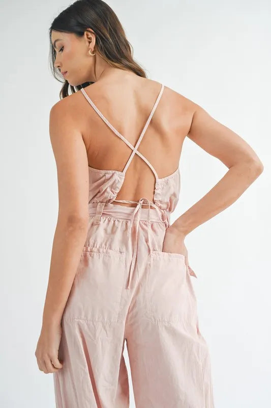 MABLE Washed Fabric Spaghetti Strap Waist Belted Jumpsuit Pink / S Pink / M Pink / L Pink / S-Pink / M-Pink / L-