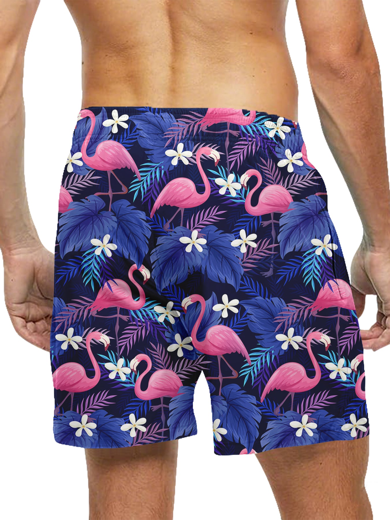 Men'S Tropical Quick-Dry Swim Trunks with Flamingo & Palm Tree Print, Dark Blue Drawstring Beach Shorts with Compression Stretch & Pockets - Casual Sporty Style for Summer, Summer Swimwear | Tropical Print Shorts | Drawstring