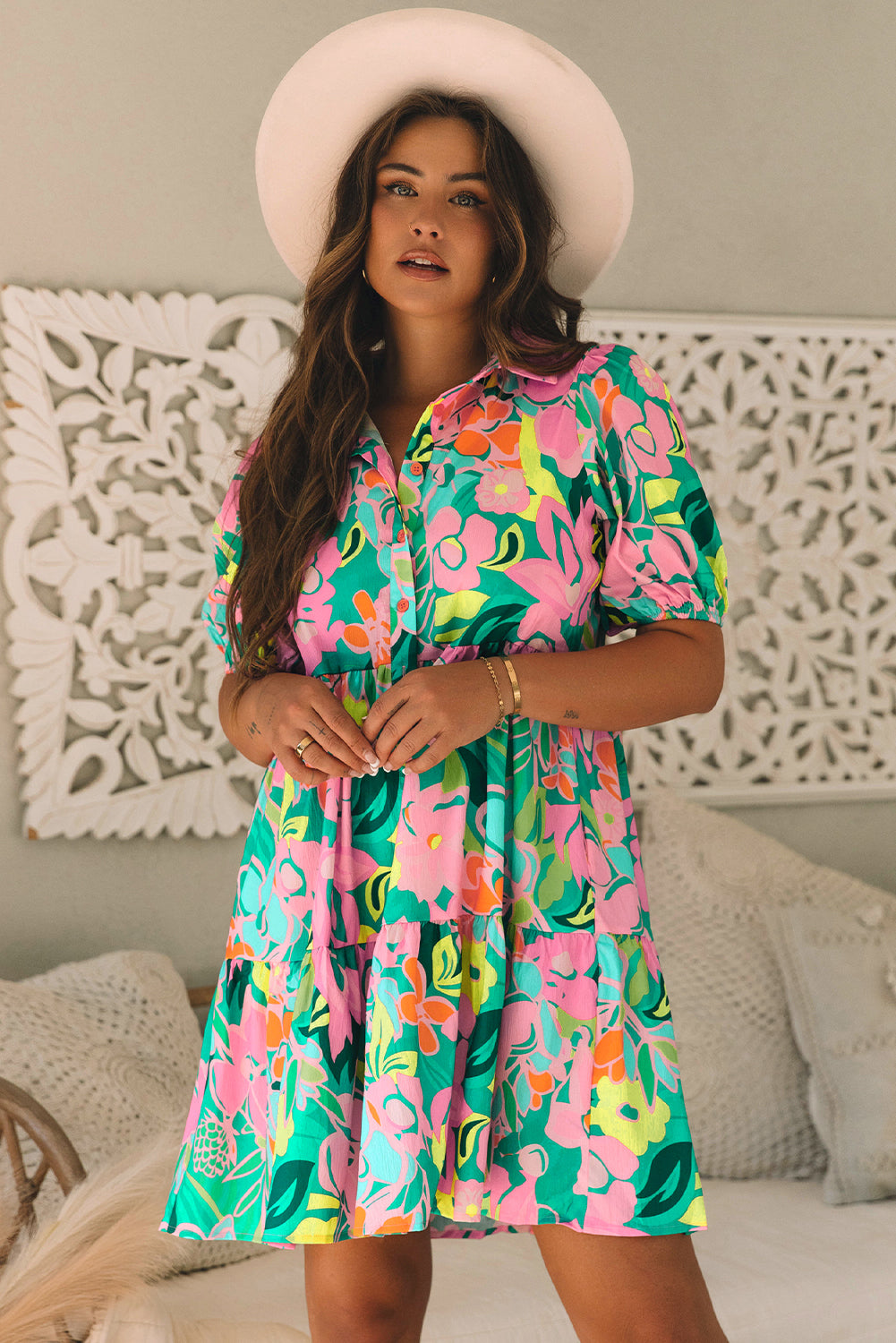 Green Floral Puff Sleeve Collar Buttoned Babydoll Dress Green 100%Polyester