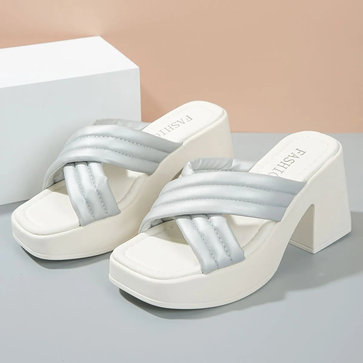 Open Toe Block Heels Sandals Silver