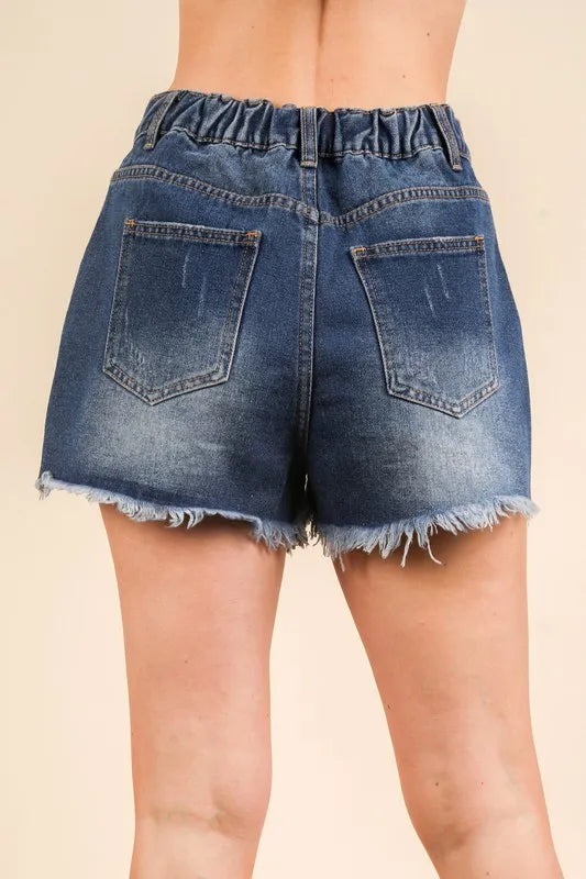 VERY J Raw Hem Pocketed Contrast Washed Denim Shorts Denim / S Denim / M Denim / L Denim / S-Denim / M-Denim / L-