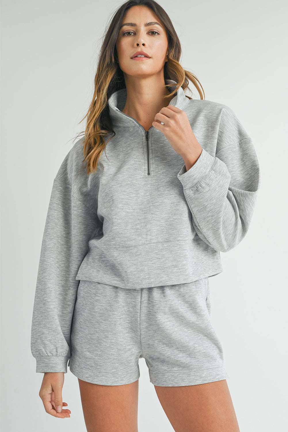 Light Grey Stand Neck Zipped Sweatshirt and Shorts Set Light Grey / S / 50%Polyester+45%Viscose+5%Elastane Light Grey / M / 50%Polyester+45%Viscose+5%Elastane