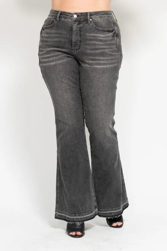 Judy Blue Full Size Midi Rise Tummy Control Washed Gray Release Hem Flare Jeans Plus Size GRY / 11(30) GRY / 5(27) GRY / 0(24) GRY / 11(30)-GRY / 5(27)-GRY / 0(24)-GRY / 1(25)-GRY / 3(26)-GRY / 7(28)-GRY / 9(29)-GRY / 13(31)-GRY / 15(32)-GRY / 14W-GRY / 16W-GRY / 18W-GRY / 20W-GRY / 22W-GRY / 24W-
