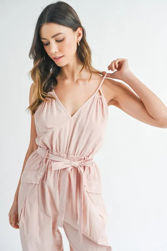 MABLE Washed Fabric Spaghetti Strap Waist Belted Jumpsuit Pink / S Pink / M Pink / L Pink / S-Pink / M-Pink / L-