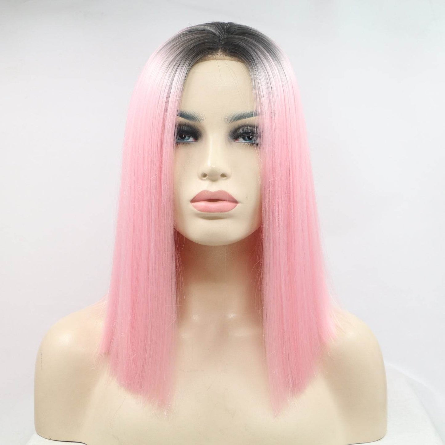 13*3" Lace Front Wigs Synthetic Mid-length Straight 12" 130% Density Black/Pink / One Size