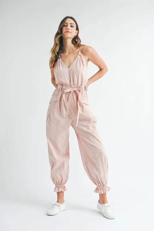 MABLE Washed Fabric Spaghetti Strap Waist Belted Jumpsuit Pink / S Pink / M Pink / L Pink / S-Pink / M-Pink / L-