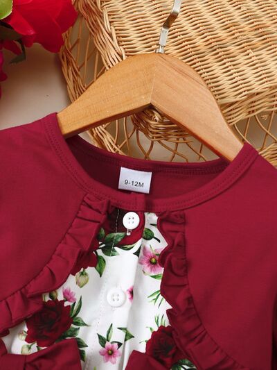 Frill Floral Round Neck Flounce Sleeve Dress Deep Red / 2-3 Deep Red / 6-9M Deep Red / 9-12M Deep Red / 2-3-Deep Red / 6-9M-Deep Red / 9-12M-Deep Red / 12-18M-Deep Red / 18-24M-