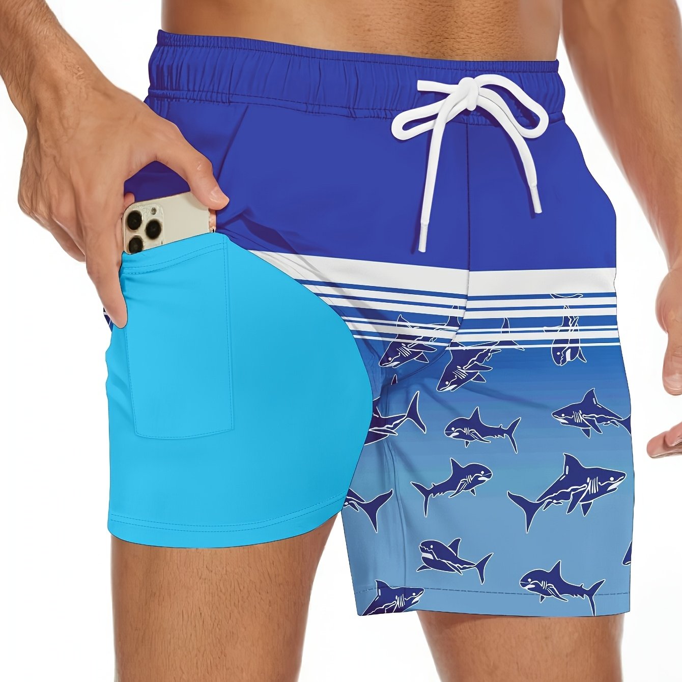 Men'S 2-in-1 Quick-Dry Beach Swim Trunks Summer Loose Shark Print Resort Swim Shorts Dark Blue Gradient Pure Blue Compression Lining, Breathable And Quick-Drying Outdoor Sports Surf Pa