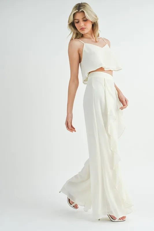 MABLE Crop Cami and Ruffled Wide Leg Pants Set Cream / S Cream / L Cream / M Cream / S-Cream / L-Cream / M-