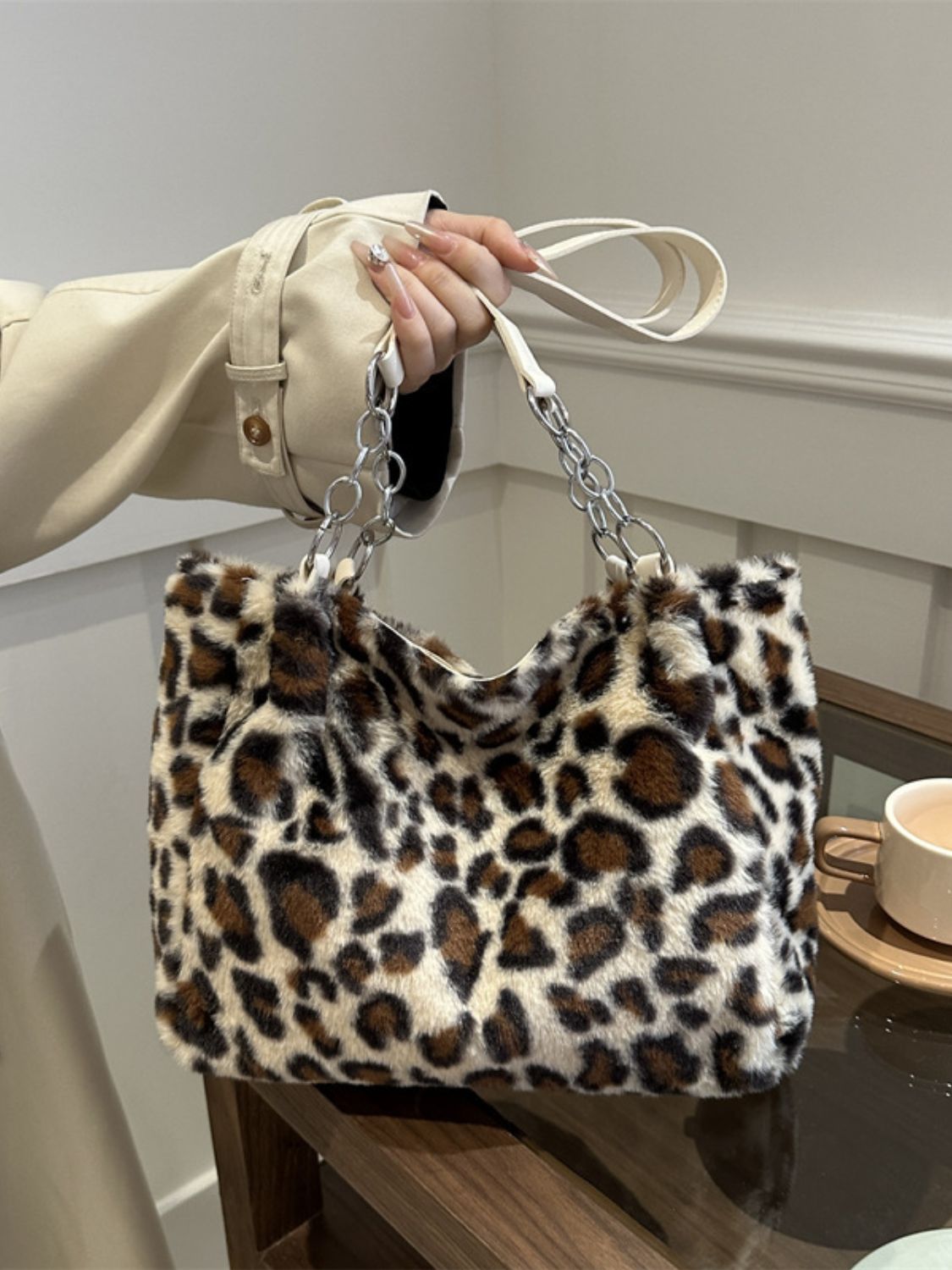 Faux Fur Leopard Shoulder Bag Brown / One Size Beige / One Size