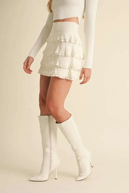 MABLE Ruffled Detail High Waist Knit Mini Skirt Cream / M Cream / S Cream / L Cream / M-Cream / S-Cream / L-