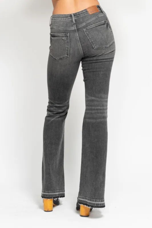 Judy Blue Full Size Midi Rise Tummy Control Washed Gray Release Hem Flare Jeans Plus Size GRY / 11(30) GRY / 5(27) GRY / 0(24) GRY / 11(30)-GRY / 5(27)-GRY / 0(24)-GRY / 1(25)-GRY / 3(26)-GRY / 7(28)-GRY / 9(29)-GRY / 13(31)-GRY / 15(32)-GRY / 14W-GRY / 16W-GRY / 18W-GRY / 20W-GRY / 22W-GRY / 24W-