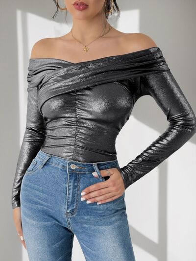 Perfee Ruched Off-Shoulder Long Sleeve Bodysuit Black / S Black / M Black / L Black / S-Black / M-Black / L-Black / XL-