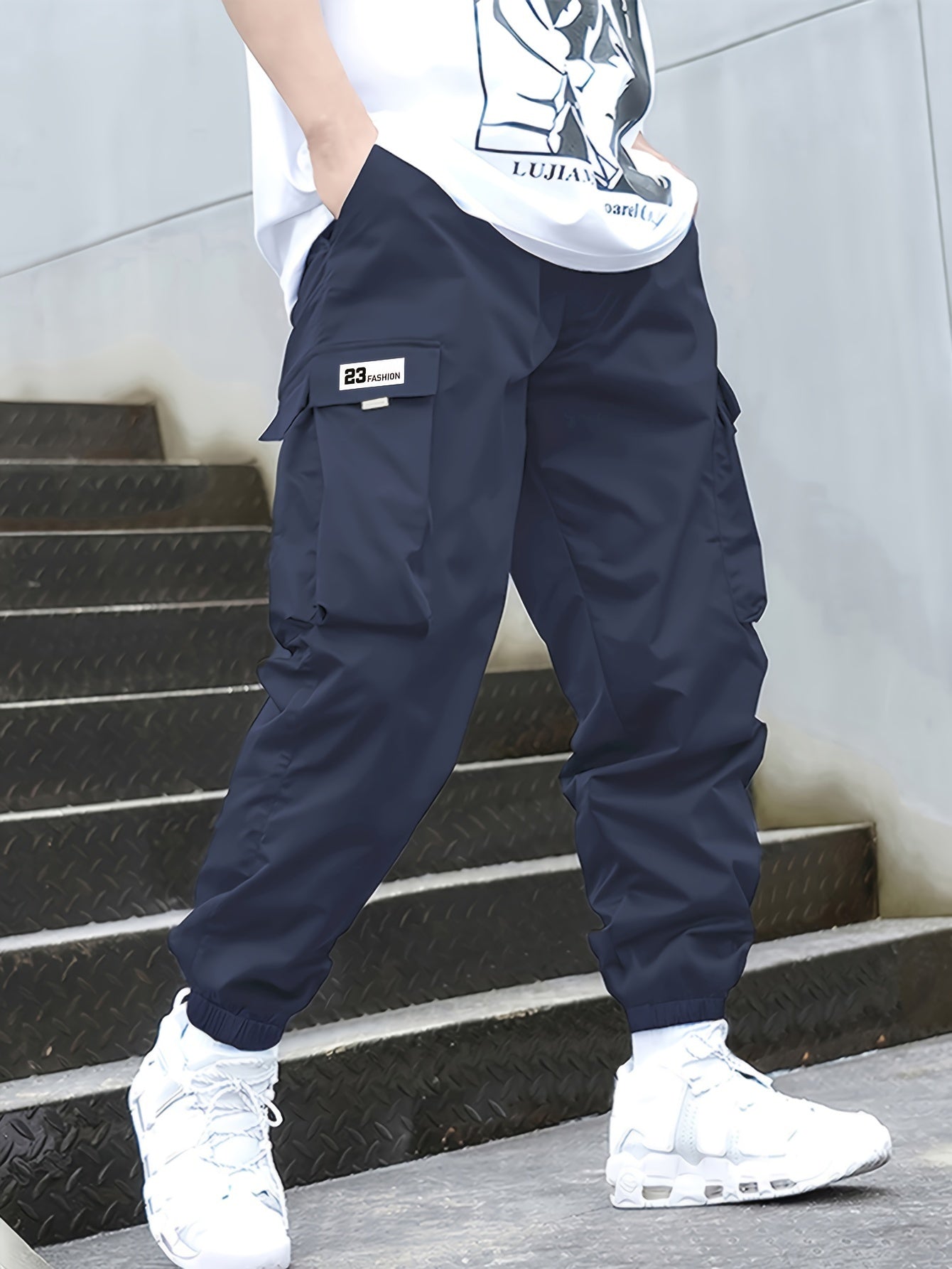 Boys Flap Pocket Cargo Pants Athletic Elastic Joggers Trousers Sweatpants