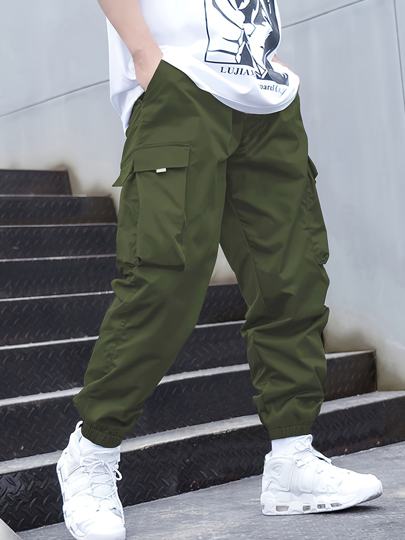 Boys Flap Pocket Cargo Pants Athletic Elastic Joggers Trousers Sweatpants