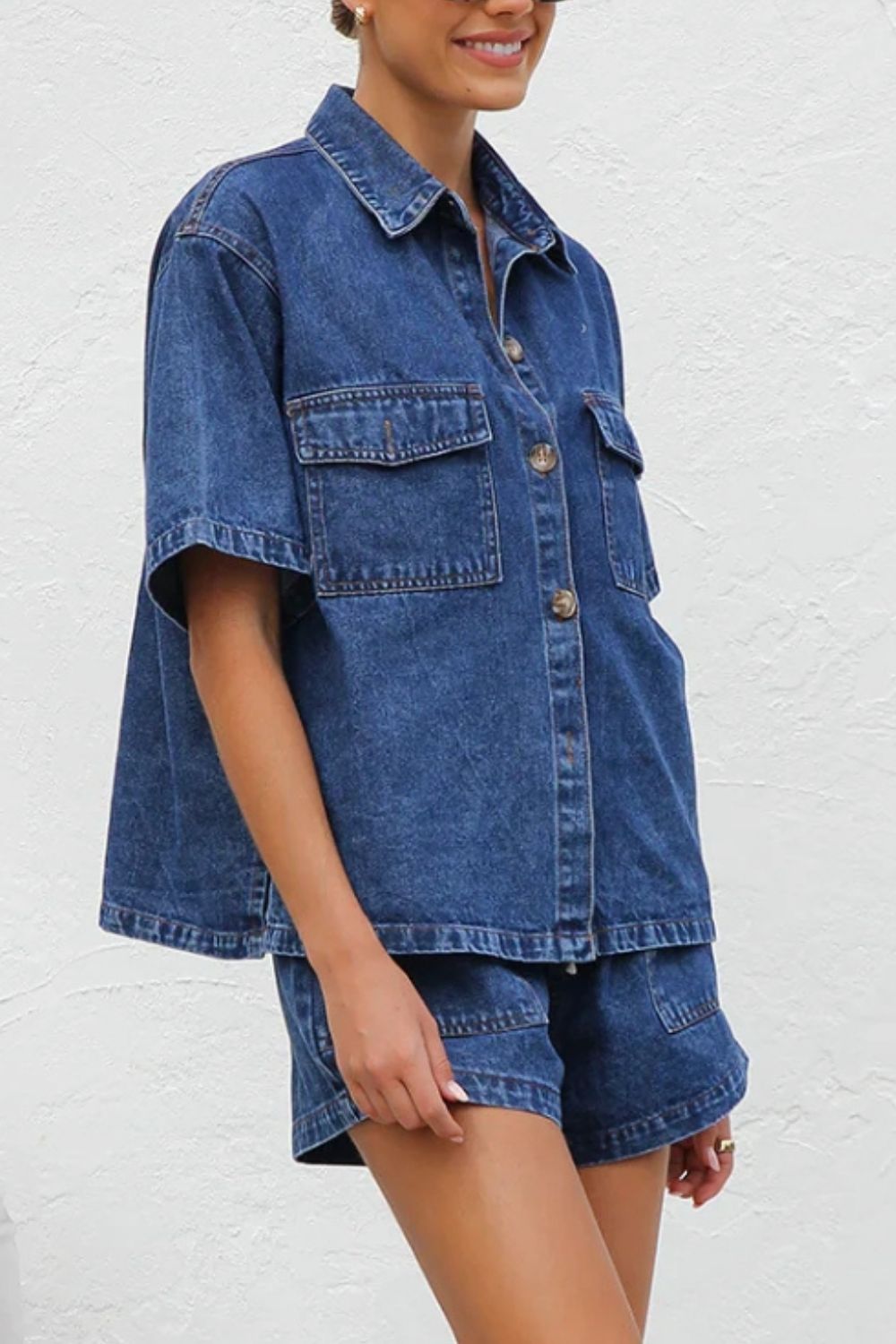 Collared Neck Button Up Top and Shorts Denim Set Light / S Light / M