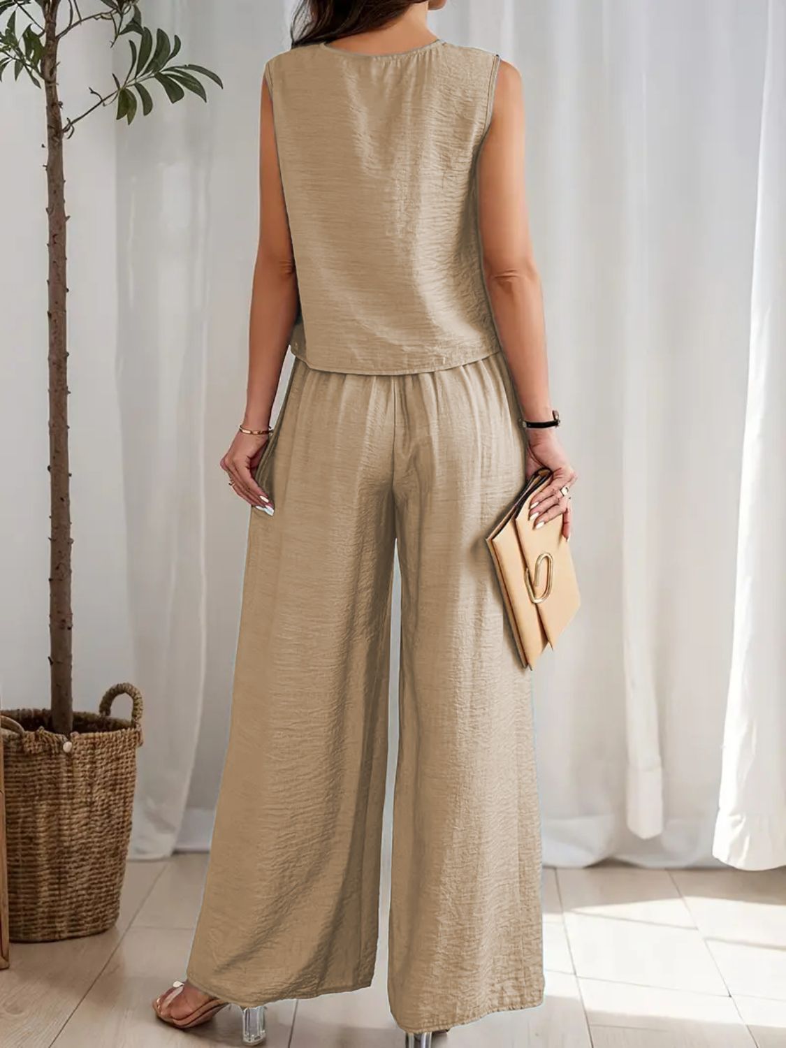 Round Neck Sleeveless Top and Wide Leg Pants Set Tan / 2XL Dusty Blue / S Dusty Blue / M Tan / 2XL-Dusty Blue / S-Dusty Blue / M-Dusty Blue / L-Dusty Blue / XL-Dusty Blue / 2XL-Black / S-Black / M-Black / L-Air Force Blue / S-Black / XL-Black / 2XL-Moonlit Mauve / S-Air Force Blue / M-Moonlit Mauve / M-Moonlit Mauve / L-Moonlit Mauve / XL-Moonlit Mauve / 2XL-Air Force Blue / L-Air Force Blue / XL-Air Force Blue / 2XL-Tan / S-Tan / M-Tan / L-Tan / XL-