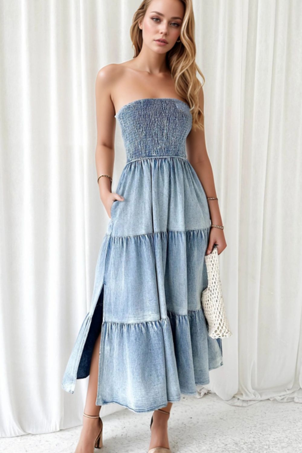 Smocked Tube Slit Tiered Denim Dress Light Blue / S Light Blue / M Light Blue / L Light Blue / S-Light Blue / M-Light Blue / L-Light Blue / XL-