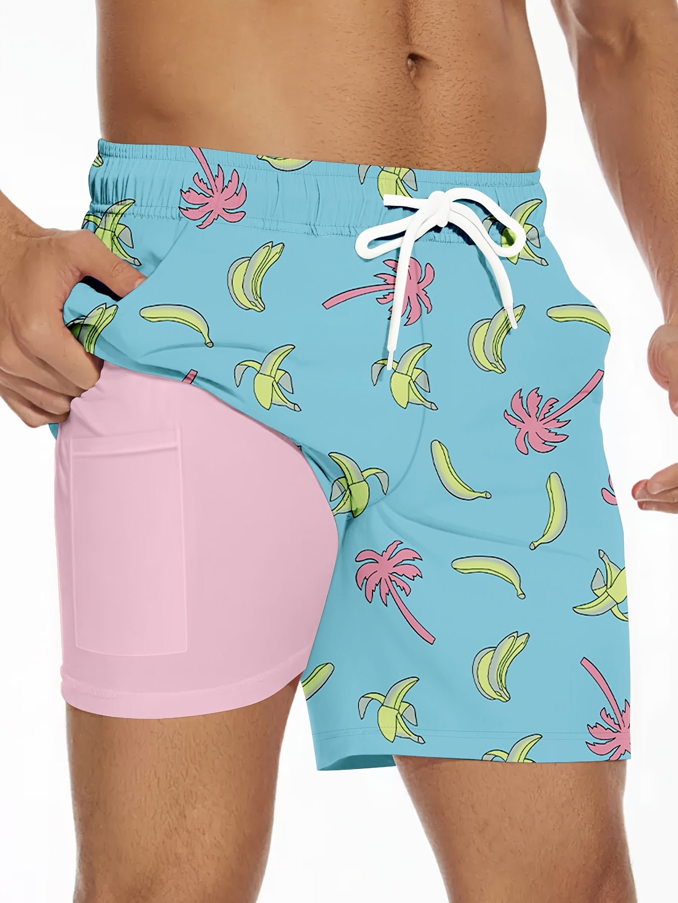 Men'S Summer Double-Layer Anti-Glare Beach Shorts, Casual Non-Stretch Fabric, Regular Fit with Flamingo Print