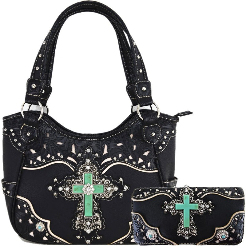 1pc Western Style Faux Leather Handbag with Rhinestone Cross and Conchos, Studded Shoulder Bag with Trifold Wallet Set Beige #2 Black Set Coffee Set Beige #2-Black Set-Coffee Set-Turquoise Set-