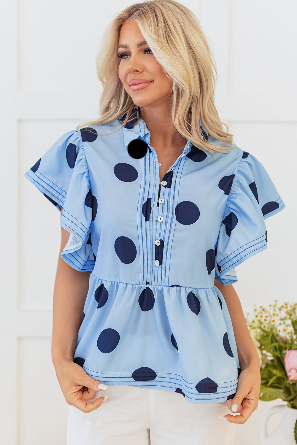 Chic Polka Dot Ruffled Button-Up Blouse with Short Sleeves
