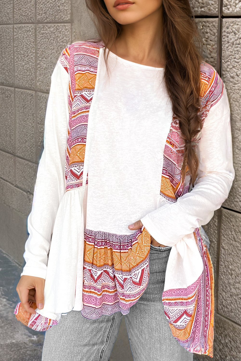 White Western Aztec Print Patchwork Ruffled Tunic Long Sleeve Babydoll Top White / S / 65%Cotton+35%Polyester White / M / 65%Cotton+35%Polyester